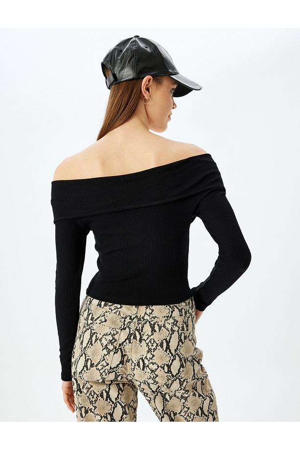 Fermuarlı Omzu Açık Uzun Kollu Slim Fit Tişört - 4