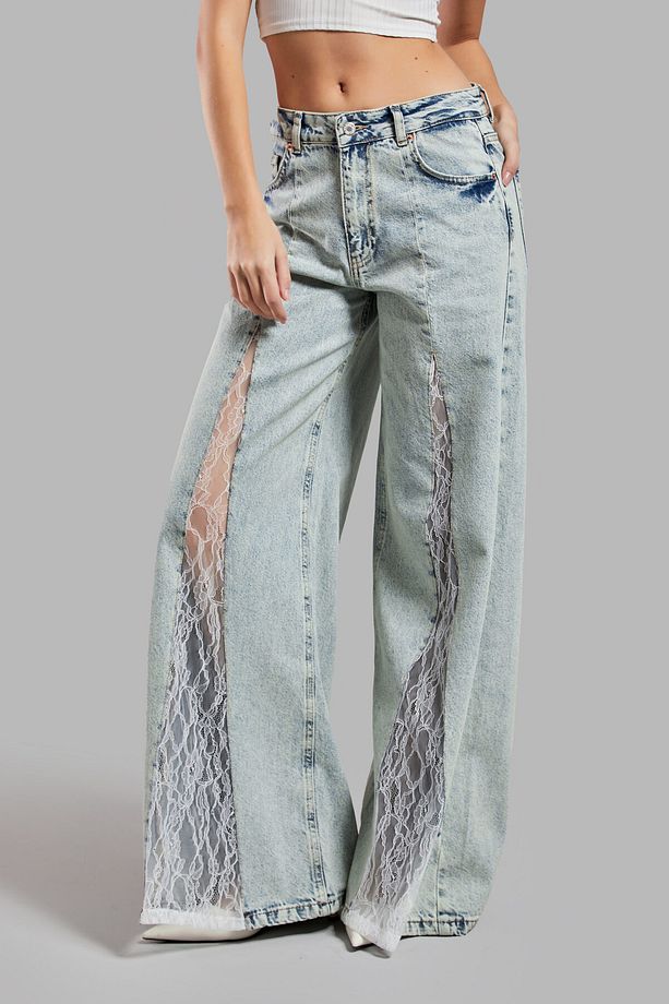 Kadın T.Kot Rengi 4S565 Dantel Detaylı Palazzo Fit Tasarım Denim - 1