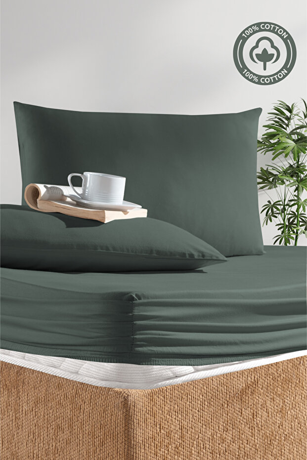 100% Cotton Khaki Double Ranforce Fabric Fitted Sheet Pillowcases Set /160X200/180X200/