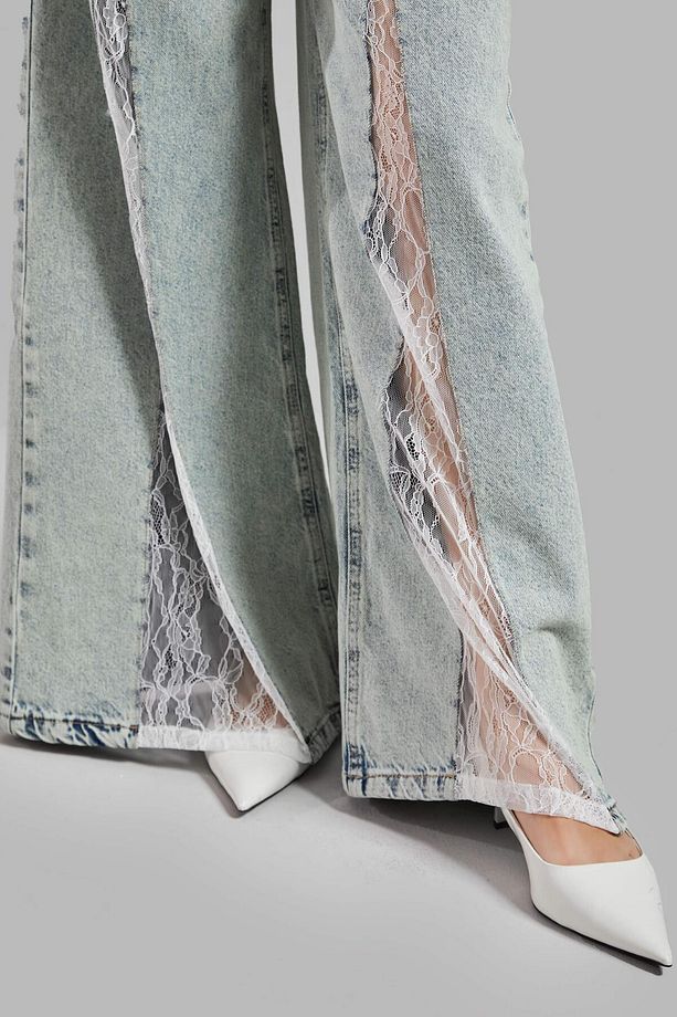 Kadın T.Kot Rengi 4S565 Dantel Detaylı Palazzo Fit Tasarım Denim - 5