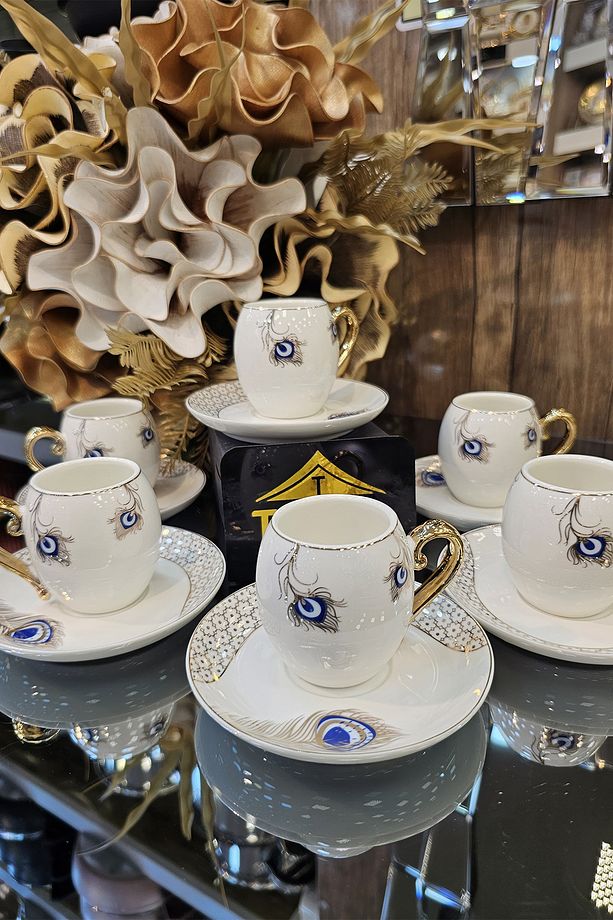 6 Kişilik Nazar Boncuğu Desenli Kahve Fincan Takımı 90 ML - 1