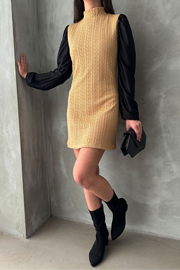 Leather Sleeves Fishnet Collar Above Knee Dress - Camel | Vmf1143