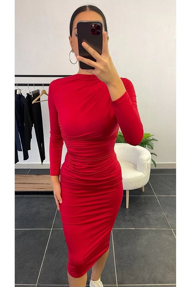 Drape Detay Midi Boy Elbise (DAR KALIP) - 4