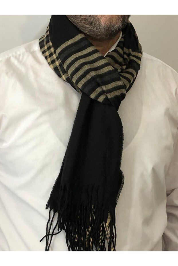 Men's Black Beige Gray Tasseled Striped Scarf - New Year's Christmas Gift