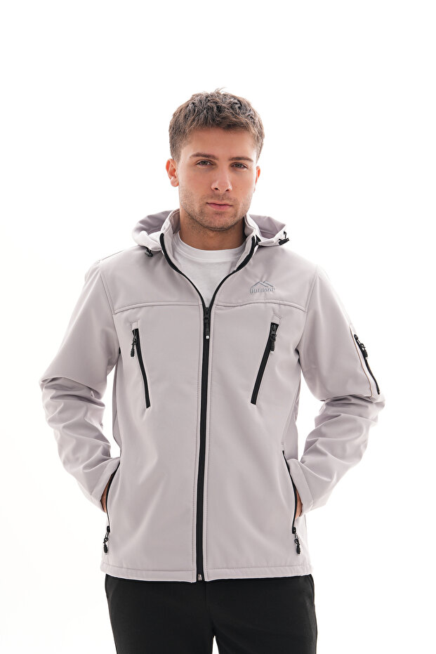 Waterproof Softshell Men's Coat with Removable Zippered Hood Pocket and Fleece Inside Stone