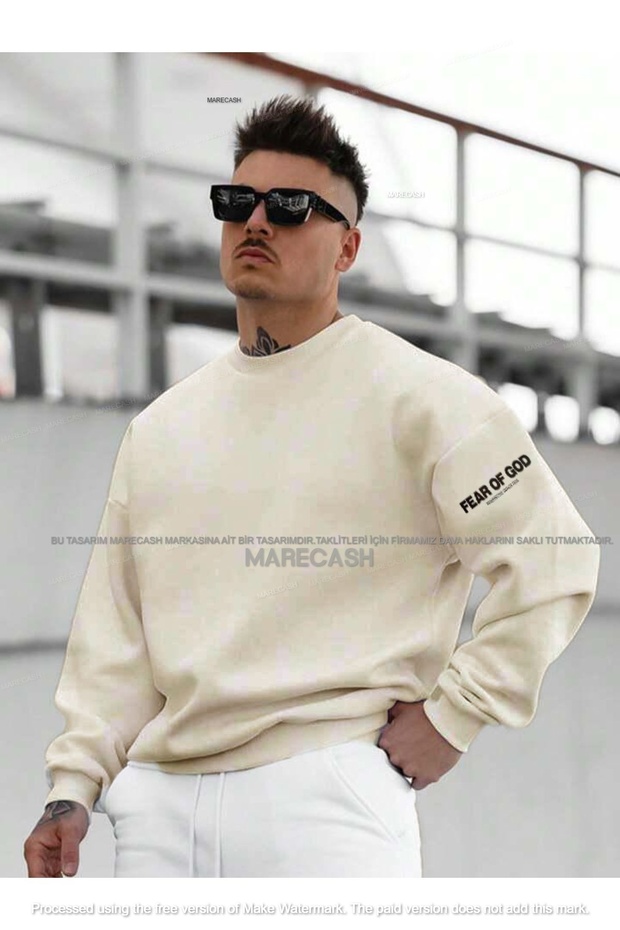Men's Beige Sweatshirt - Fear God, Oversize, Cotton, Raised, 3 Thread, Crew Neck