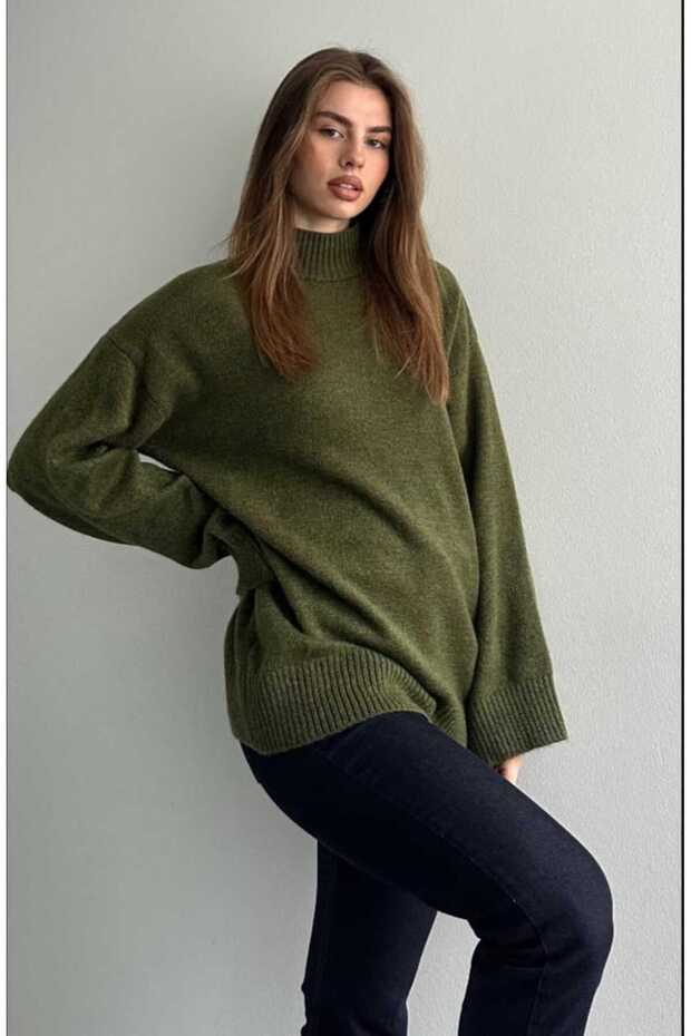 High Collar Oversize Knitwear Sweater Khaki