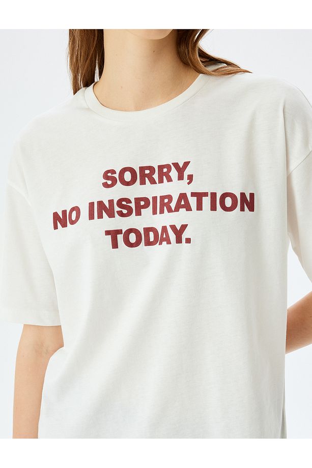Slogan Baskılı Kısa Kollu Bisiklet Yaka Oversize Tişört - 5