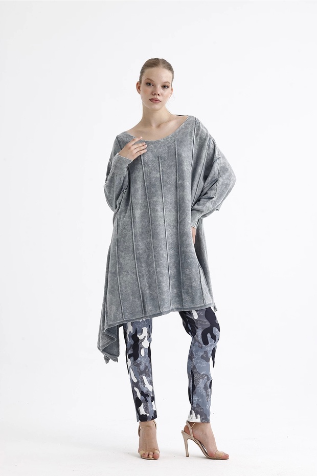 Cotton Asymmetrical Knitwear Tunic-Grey