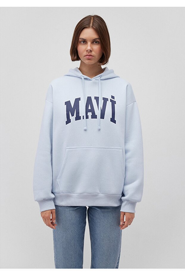 logo baskılı kapüşonlu mavi sweatshirt - 3