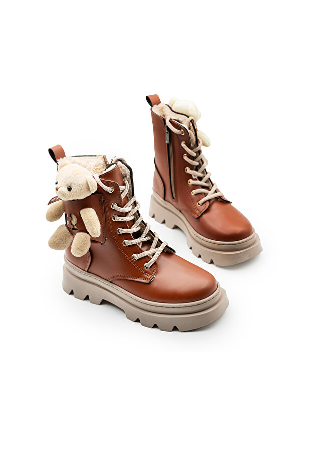 Unisex Erkek-Kız Çocuk Ayıcık Suya Dayanıklı Bağcıklı Kışlık Tüylü İç Astarlı Bot Ayakkabı FK3374 - 2