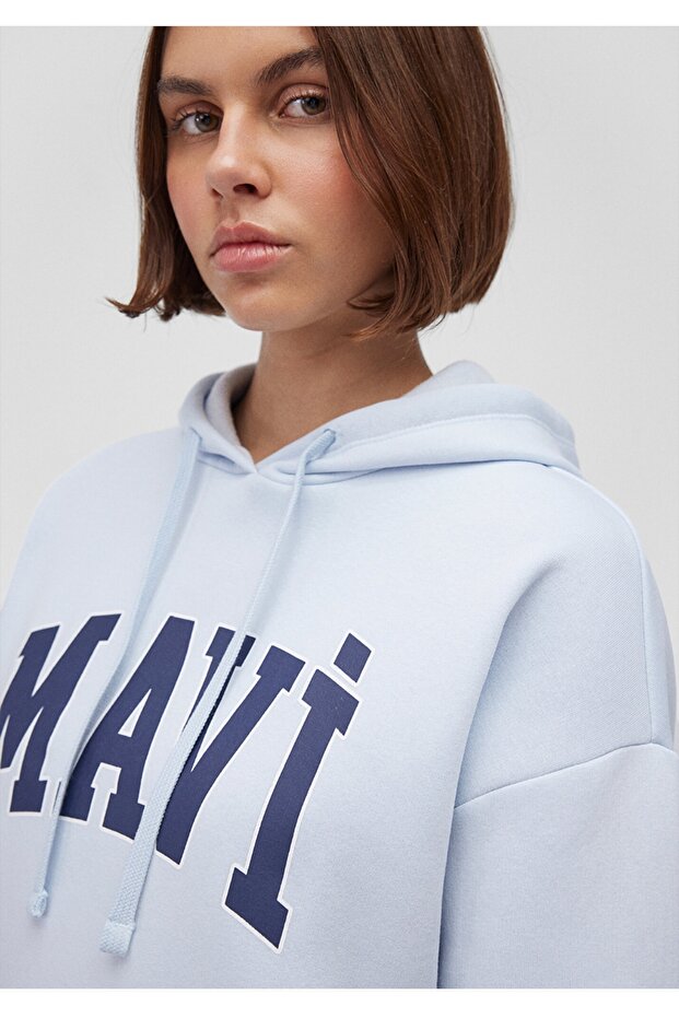logo baskılı kapüşonlu mavi sweatshirt - 5