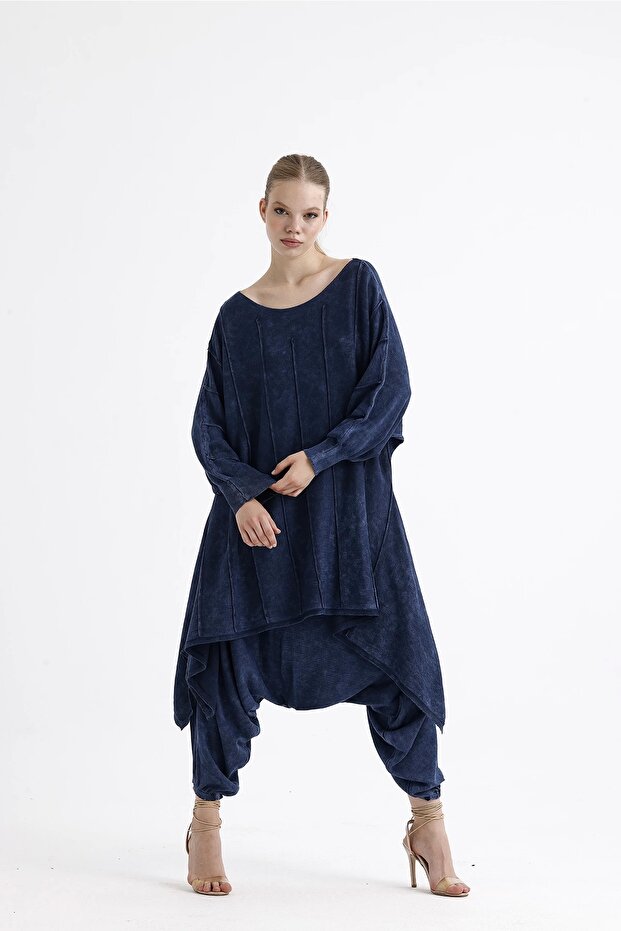 Cotton Asymmetrical Knitwear Tunic-Navy Blue