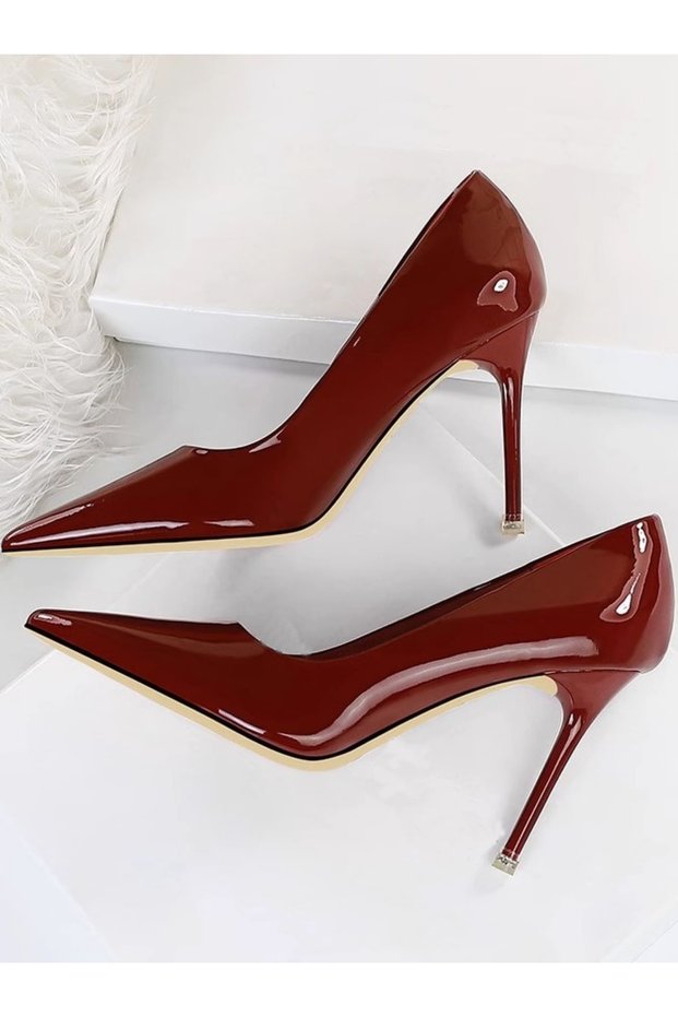 Women's Burgundy Patent Leather 8cm Thin Transparent Cover Heeled Stiletto Shoes