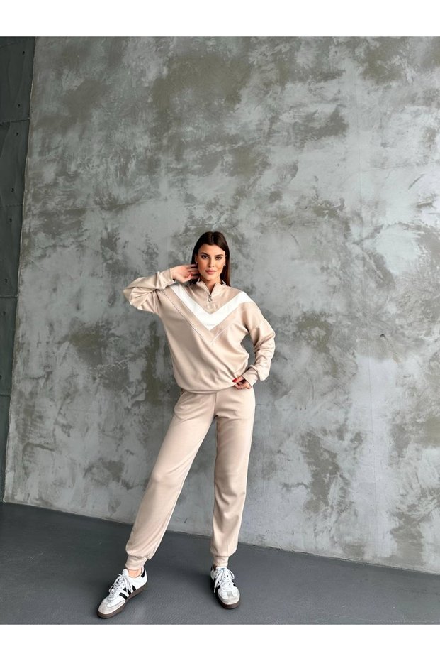 Women's Modal Fabric Color Blocked Cuffed Ribbed Leg Pocket Tracksuit Set