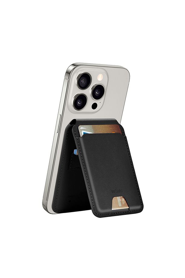 FindMy Özellikli Magnetik Standlı Kartlık Wiwu MW-005 Qi Kablosuz Şarj Uyumlu Mag Wallet Siyah - 1