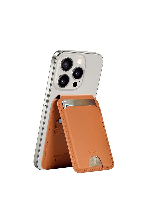 FindMy Özellikli Magnetik Standlı Kartlık Wiwu MW-005 Qi Kablosuz Şarj Uyumlu Mag Wallet Kahverengi - 1