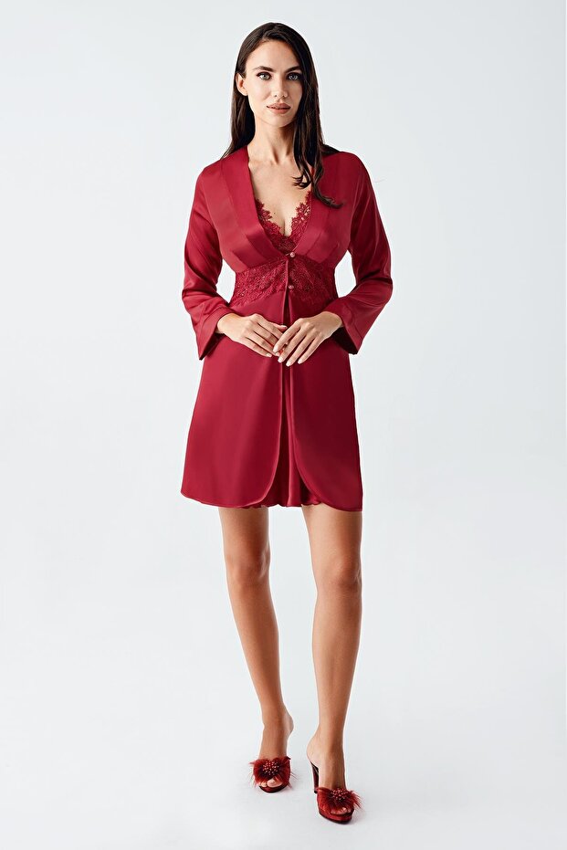 4230 Burgundy Color Satin Lace Embroidered 2-Piece Nightgown Set
