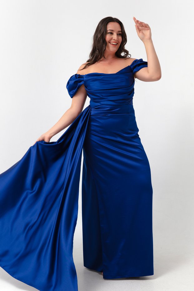 Women's Cobalt Blue Boat Neck Sleeveless Long Satin Evening Dress & Graduation Dress