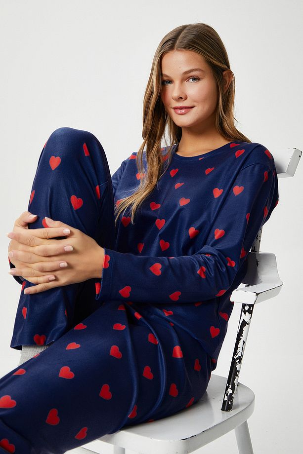 Kadın Ely Premium Bisiklet Yaka Lacivert Kalp Süet Doku Yılbaşı Pijama Takımı - 2