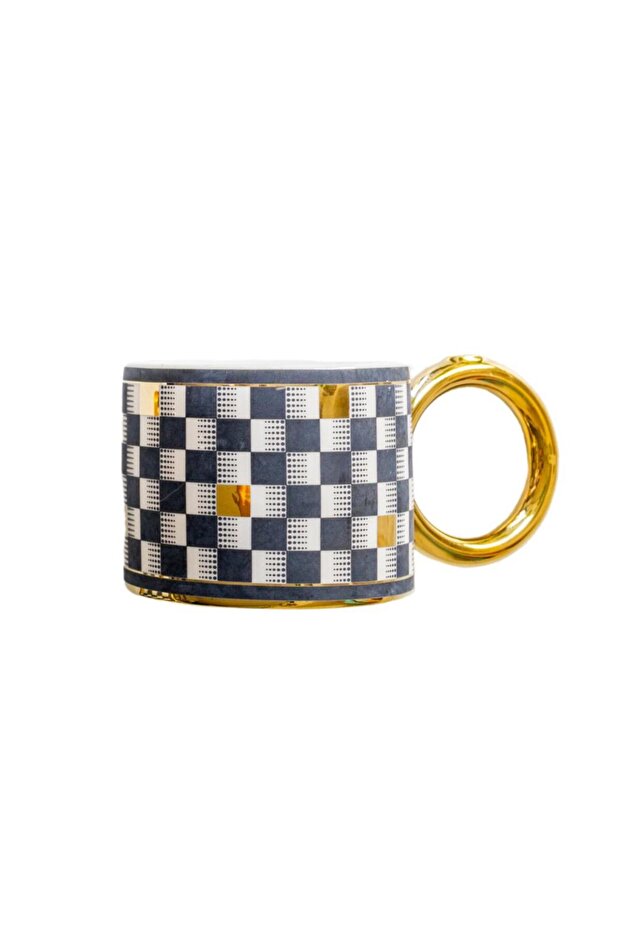 Mien Durable Patterned Porcelain Checkered Mug with Ring Handle 1 Piece