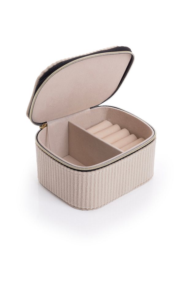 Kare Çift Bölmeli Ekru Fitilli Kadife Mücevher, Organizer, Takı Kutusu 11,5 X 9,5 X 6 Cm - 3