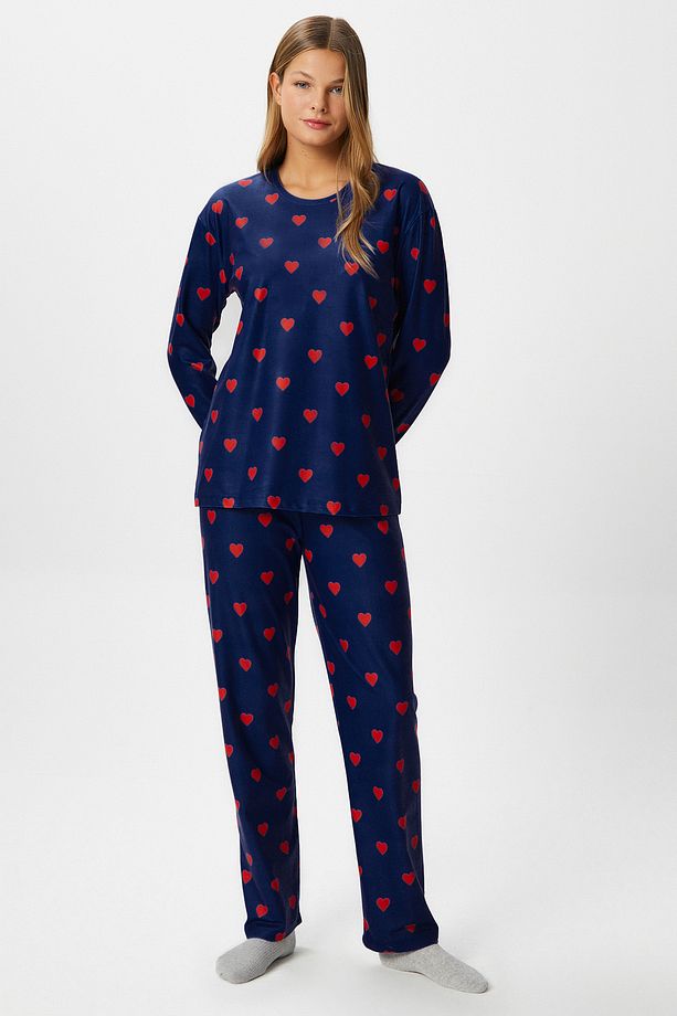 Kadın Ely Premium Bisiklet Yaka Lacivert Kalp Süet Doku Yılbaşı Pijama Takımı - 7