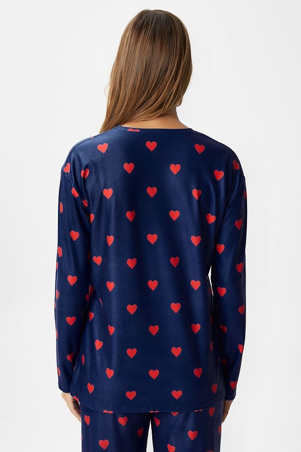 Kadın Ely Premium Bisiklet Yaka Lacivert Kalp Süet Doku Yılbaşı Pijama Takımı - 8