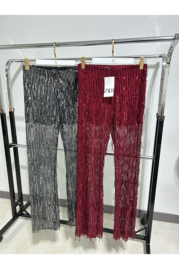 Pullu Saçaklı Transparan Pantolon - 7