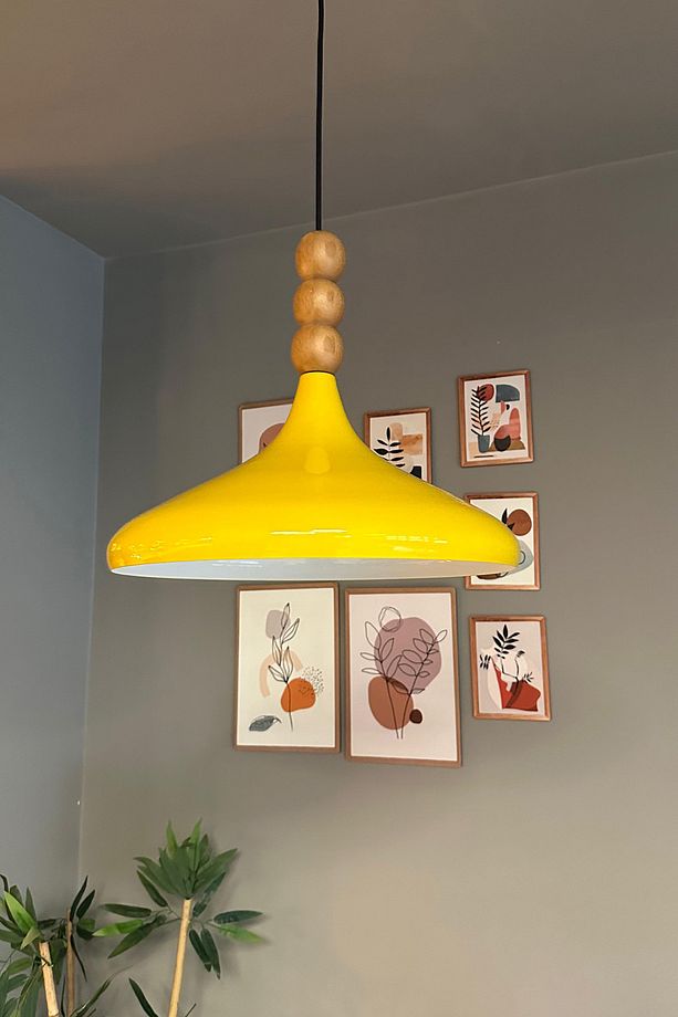 Açık Sarı Ahşap Boncuklu Tekli Avize Sarkıt Salon Mutfak Butik Lamba - 1
