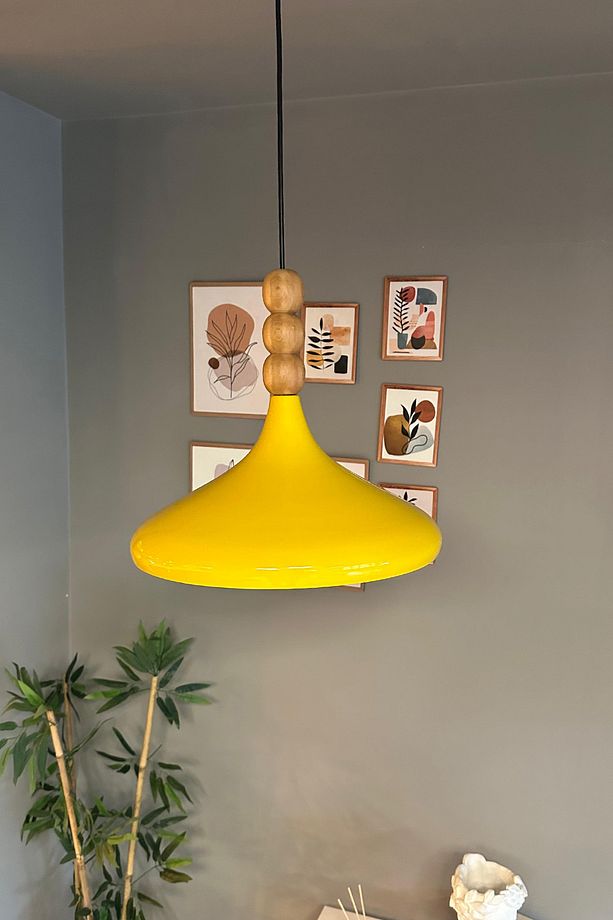Açık Sarı Ahşap Boncuklu Tekli Avize Sarkıt Salon Mutfak Butik Lamba - 5