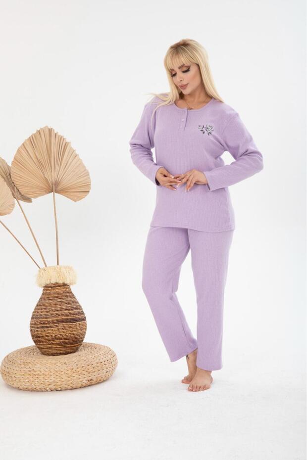 Kadın Büyük Beden Kışlık Lila Tek Çiçek Pijama Takımı - 7