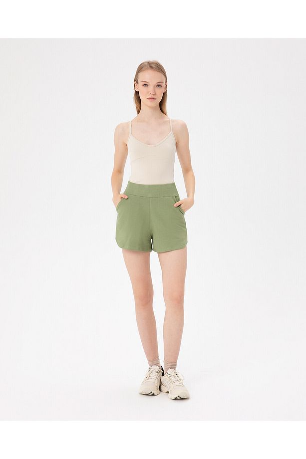 Açık Yeşil Bel Lastikli Ayarlanabilir Sweatshort Şort - 4