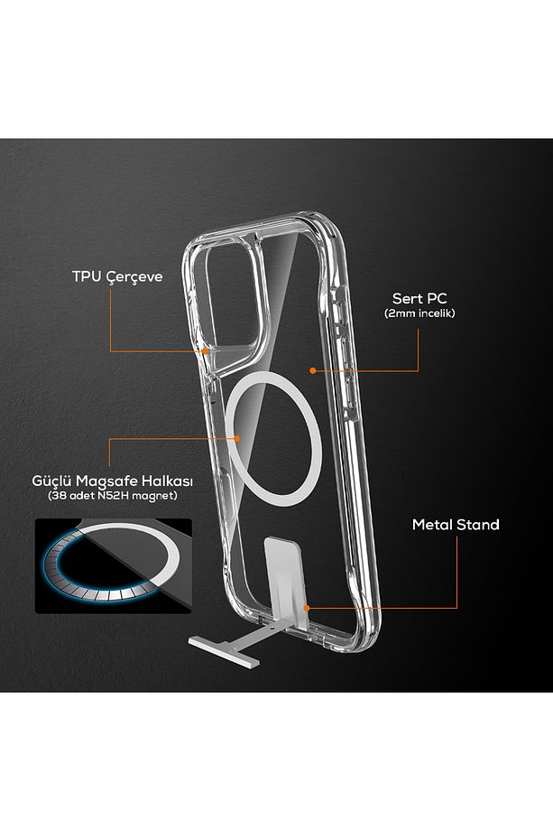 İphone 16 Pro Max Kılıf Şeffaf Magsafe Şarj Özellikli Köşe Korumalı Saklanabilir Standlı Sert Pc - 2