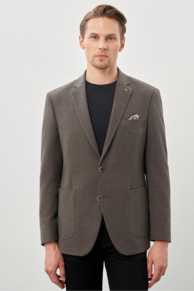 Men's Dark Beige Patterned Knitted Mono Collar Flexible 6 Drop Comfort Fit Casual Jacket 1002245163