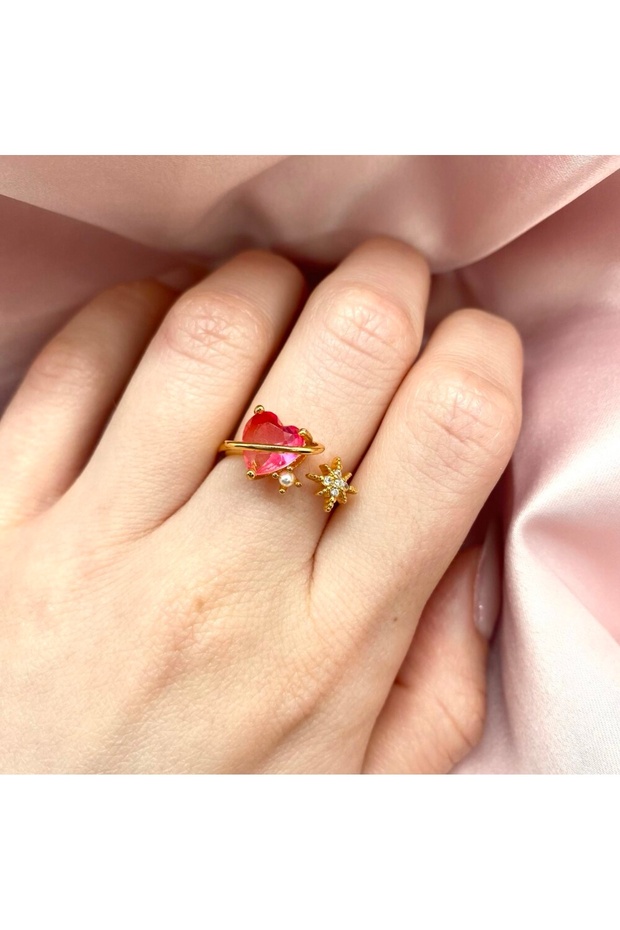 Ayarlanabilir Pembe Kalp Yüzük - 3