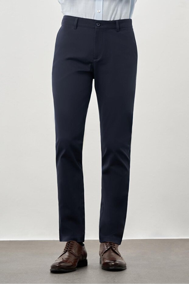 Men's Dark Navy Blue Cotton Slim Fit Chino Trousers with Side Pockets 1003245168