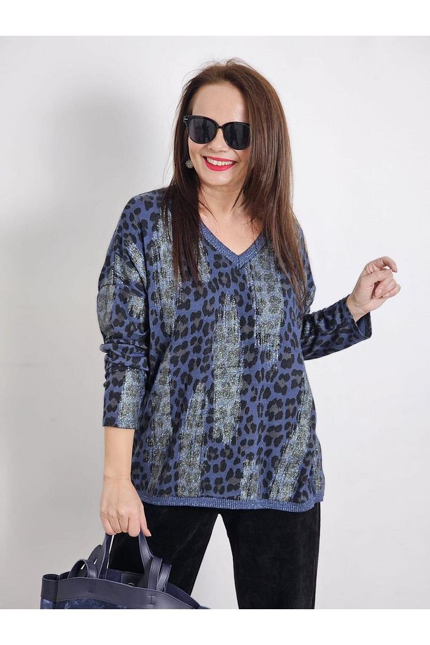 FELİX13039 Leopar Desenli Varaklı Mavi İthal Triko Bluz - 4