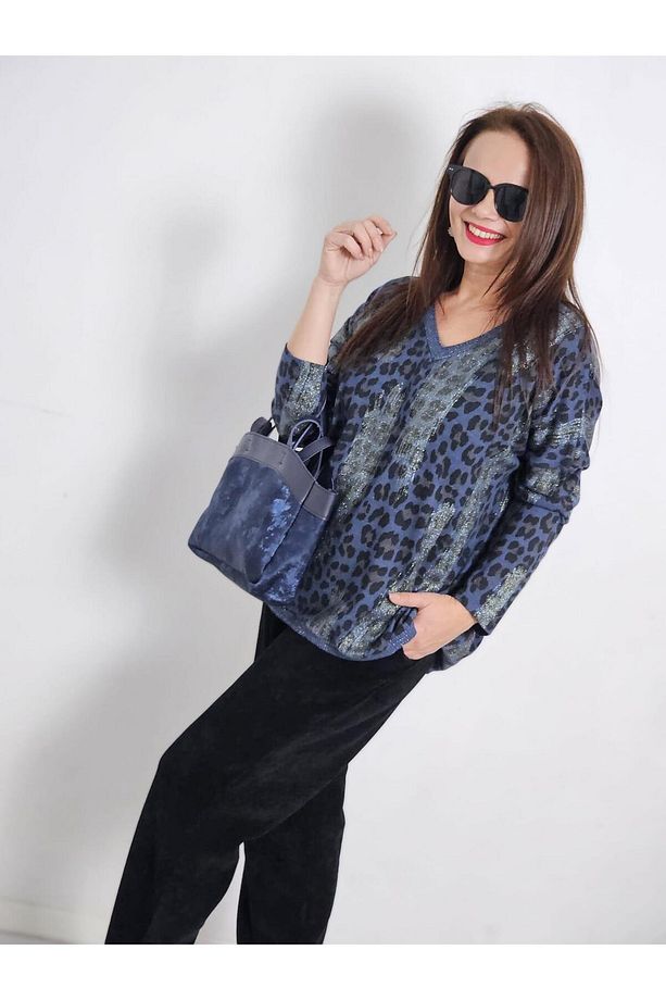 FELİX13039 Leopar Desenli Varaklı Mavi İthal Triko Bluz - 7