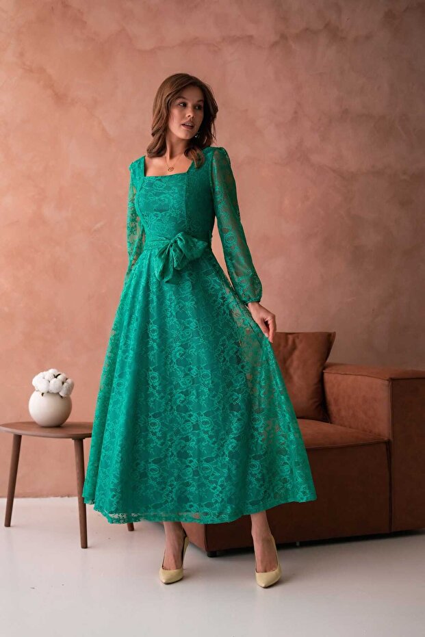 Kare Yaka Dantel Elbise - 7