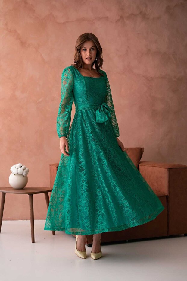 Kare Yaka Dantel Elbise - 6