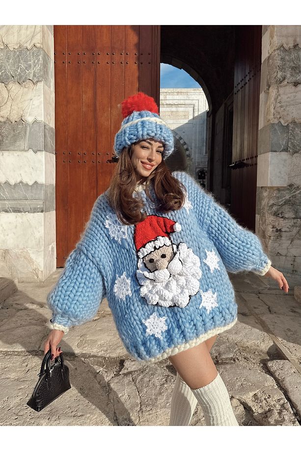 Santa El Örgüsü Kazak Elbise + Bere Takımı - 1