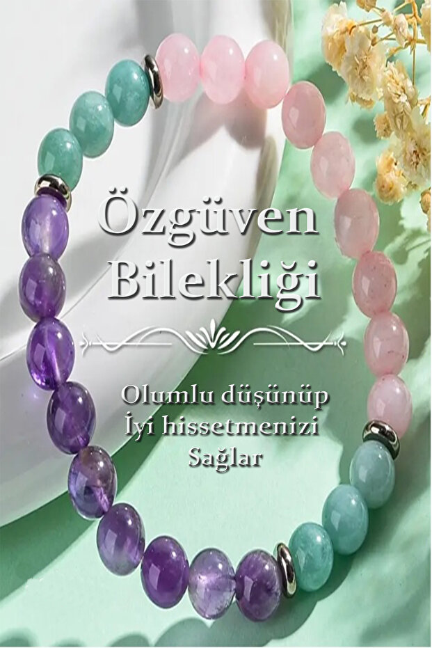 Natural Stone Self-Confidence Bracelet 8 mm (Amethyst - Amazonite - Pink Quartz)