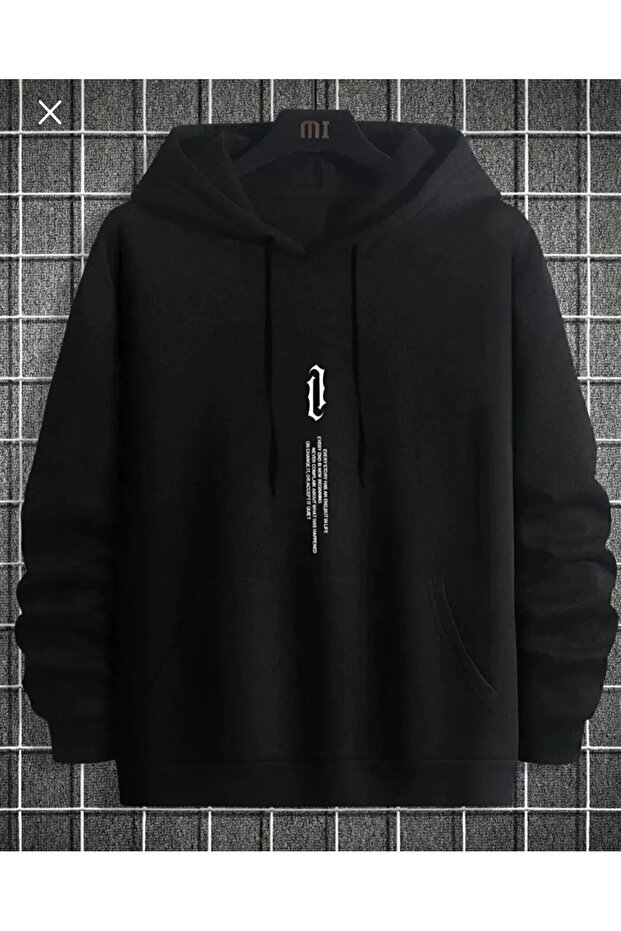 Men's Black Chest Vertical Printed Oversize Hooded Sweatshirt