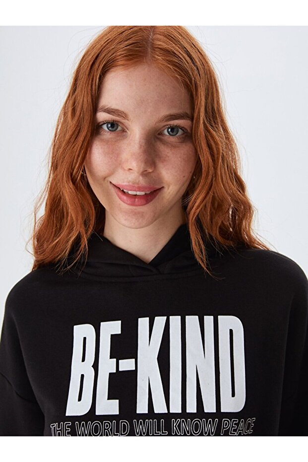 Baskılı Kapüşonlu Siyah Sweatshırt - 4