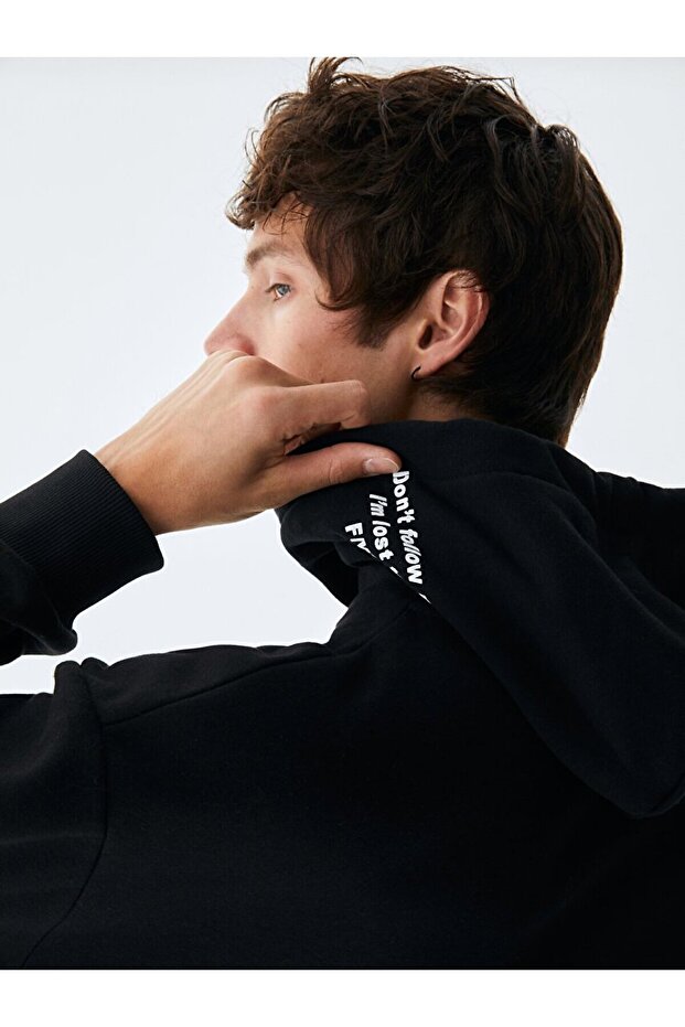 Kapüşonlu Sloganlı Siyah Sweatshırt - 6