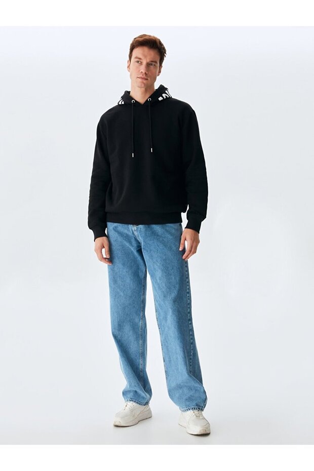 Slogan Kapüşonlu Siyah Sweatshırt - 1