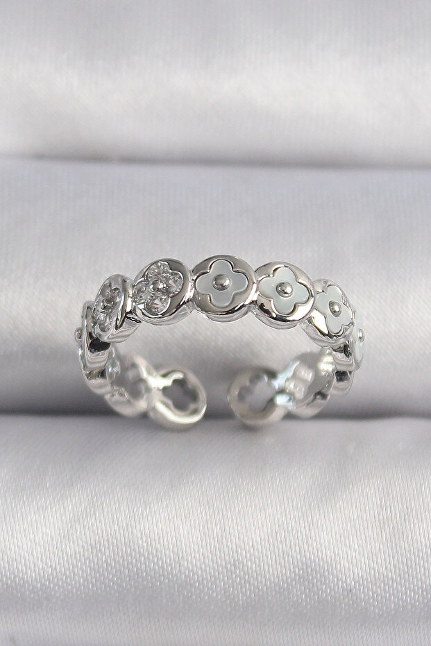 Brass Silver Color White Pearlescent Clover Model Women's Ring Tj-Byk3497