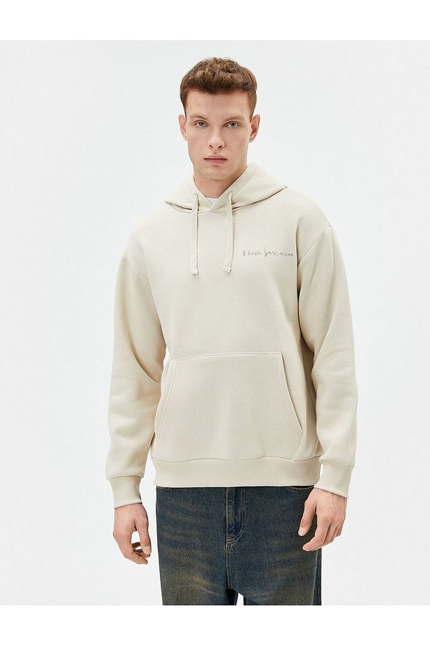 Arkası Baskılı Hoodie Oversize Sloganlı Kanguru Cep Detaylı Şardonlu - 3