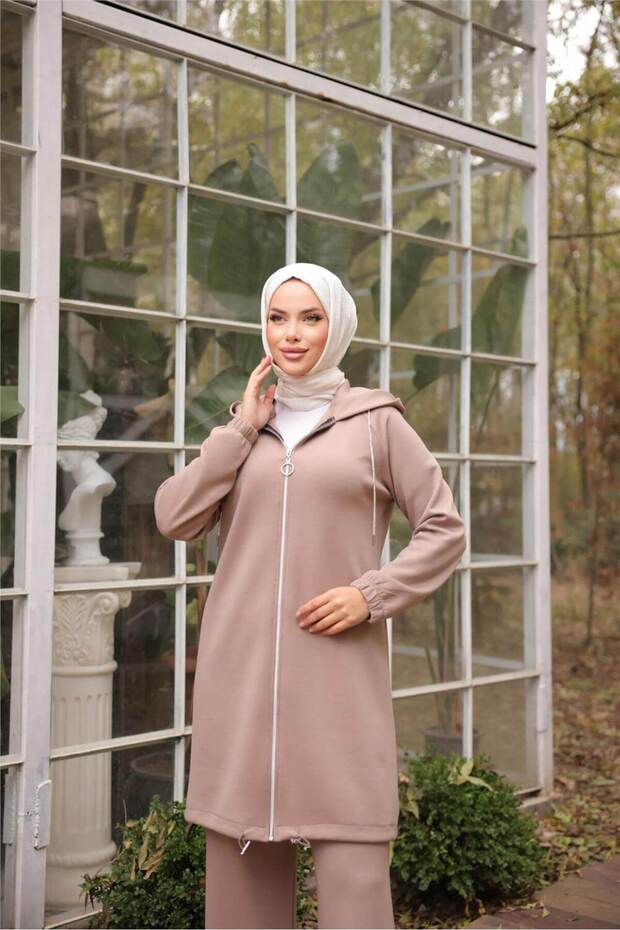 Zippered Hooded Plain Double Hijab Tracksuit Set - (38-46) - 71229 - Neskafe - 4